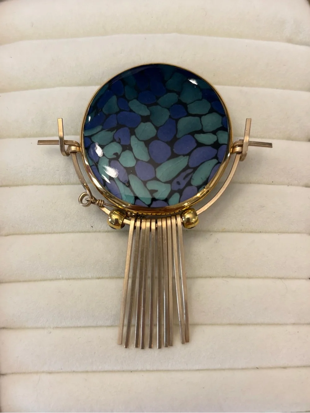 Vintage Glass Mosaics Look Glass Brooch Pin Metal Dangle Pins White Stone UNIQUE